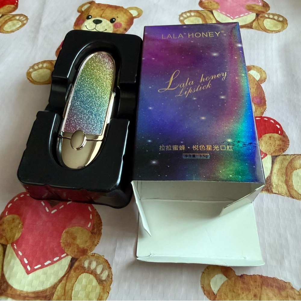 Glittery Brick Red Lipstick in Rainbow Glitter Packaging w Attached Mirror